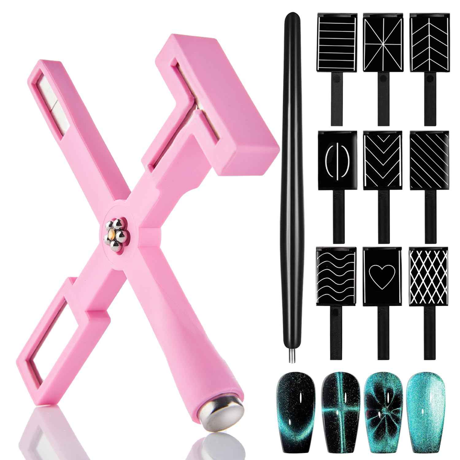 11Pcs Cat Eye Gel Nail Polish Tools Set- Cat Eye Magnet for Nails and Magnetic Nail Polish 5 in 1 Multifunction Nail Magnet 9Pcs Stripe Magnet Plates Magnet Pen for 3D Nail Art Nail Salon or DIY