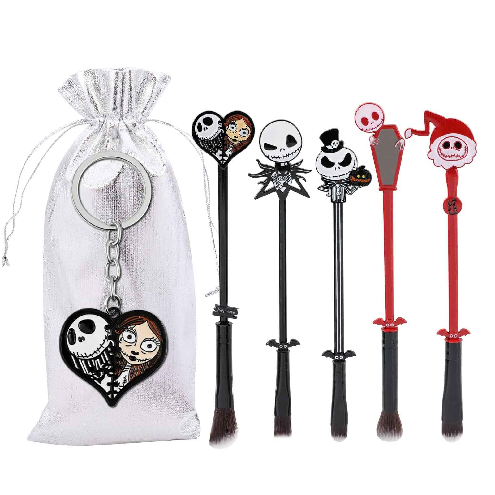 Nightmare Before Christmas Makeup Brushes - 5pcs Corpse Bride Anime Make Up Brush Set Silver Drawstring Bag Included (Brushes and Keychain)