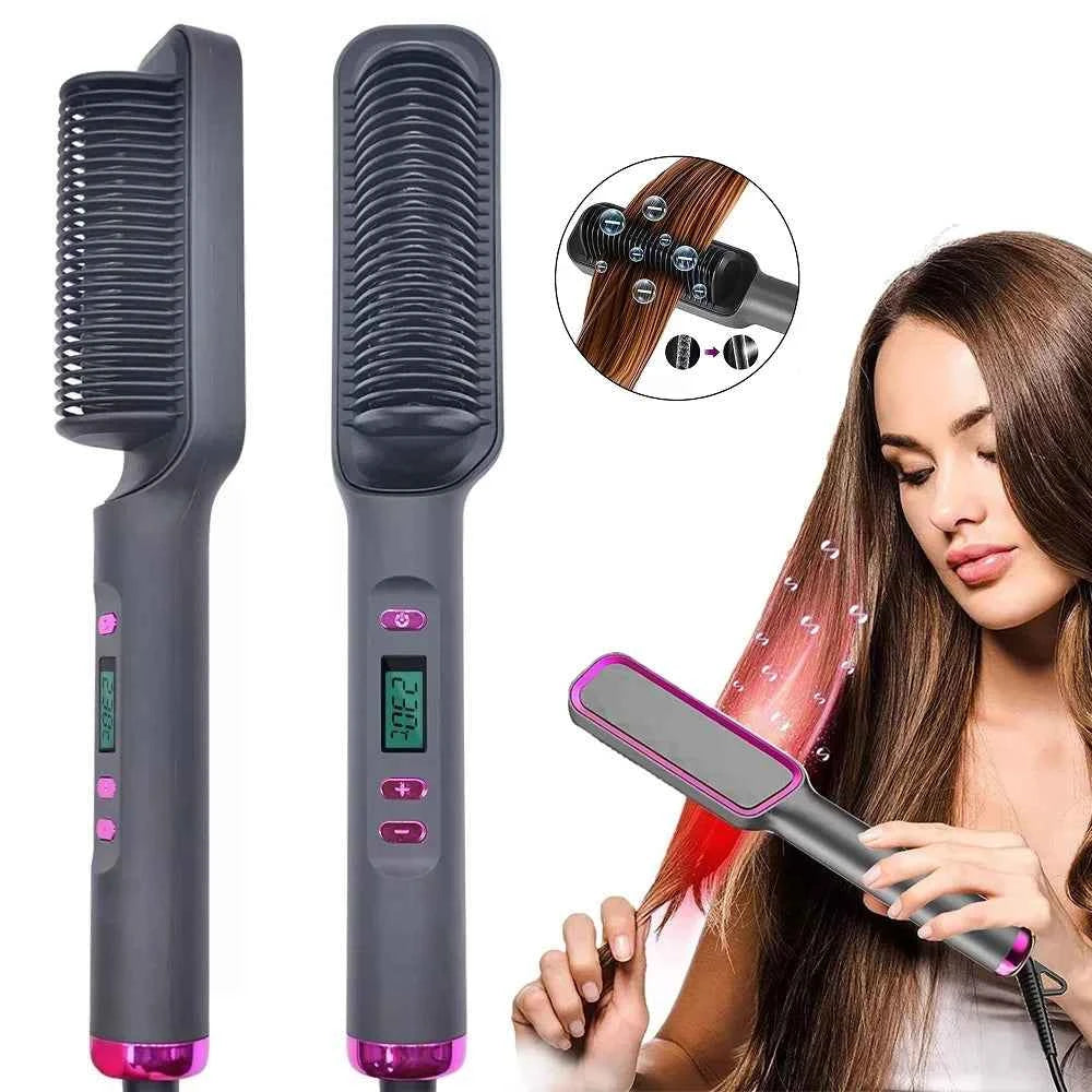 Hair Straightener Ceramic Hot Comb 2 in 1 Electric Straighten Hair Brush Negative Ion Fast Heating Styling Tool 