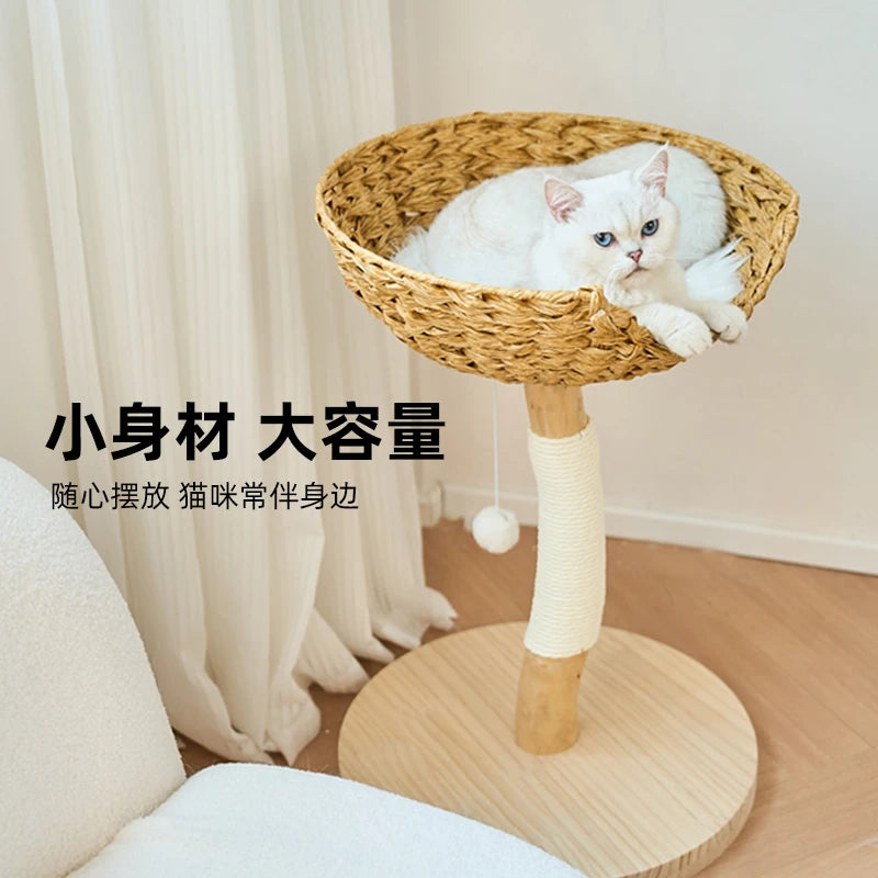 Modern wooden cat tree climbing tower with multi-level rattan design for indoor cats in small apartments