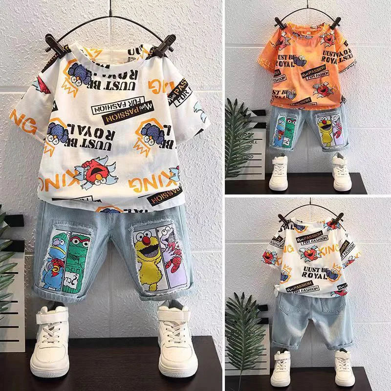 2026 Kids Cartoon Tee Denim Shorts Set Boys 3-12Y
