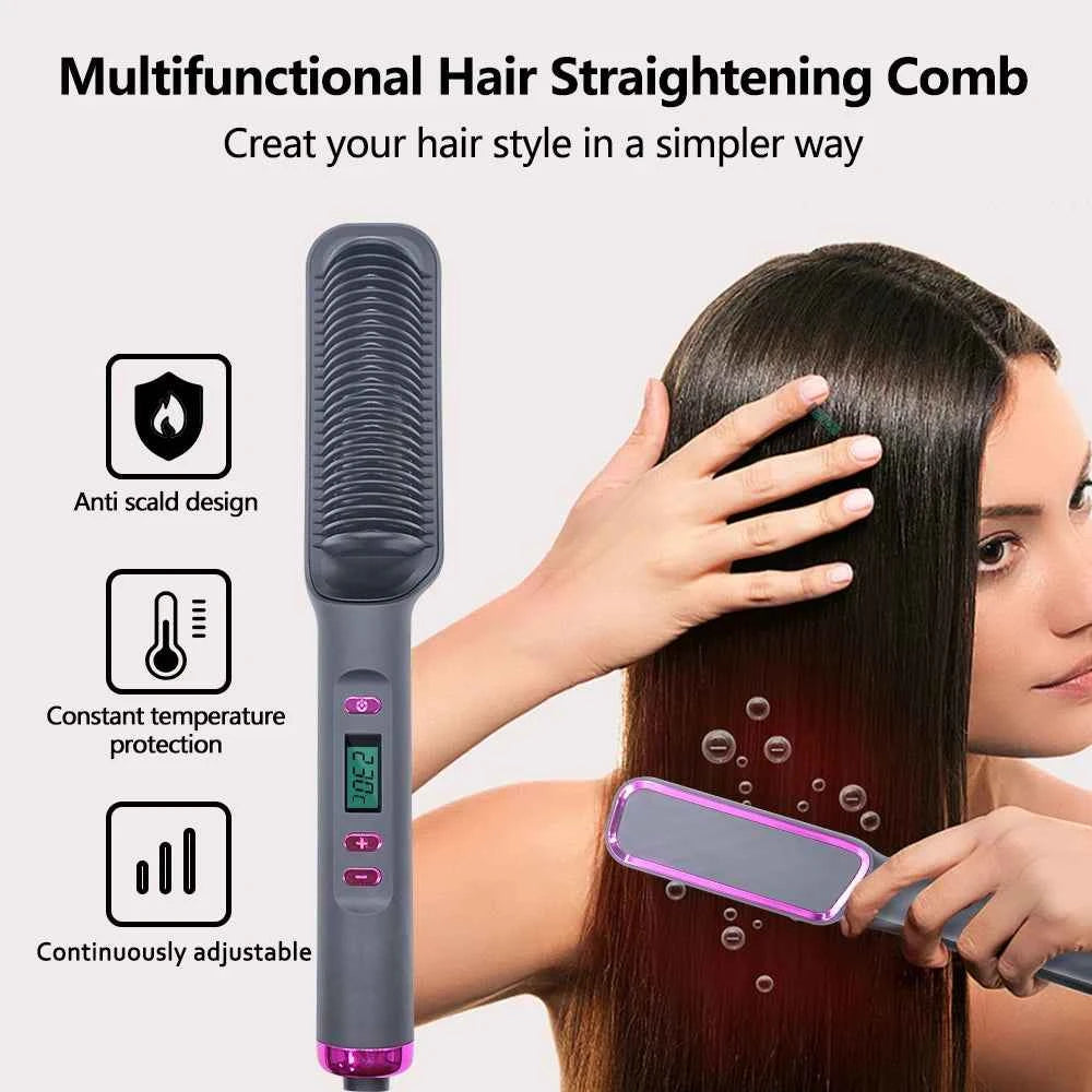 Hair Straightener Ceramic Hot Comb 2 in 1 Electric Straighten Hair Brush Negative Ion Fast Heating Styling Tool 