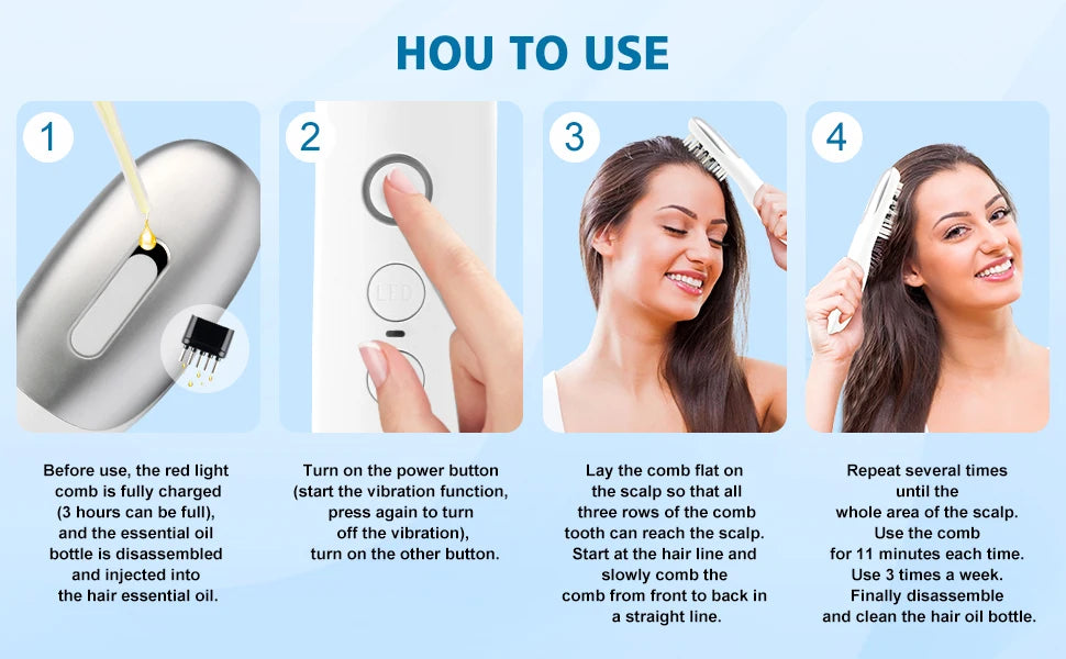 3 in 1 EMS Hair Growth Massage Comb with Hair Oil Dispenser Red Blue Light AntiHair Loss High Frequency Vibration Scalp Massager