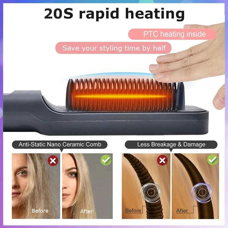 Hair Straightener Ceramic Hot Comb 2 in 1 Electric Straighten Hair Brush Negative Ion Fast Heating Styling Tool 