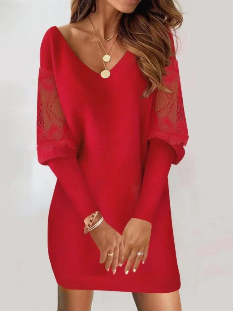 Dresses For Women 2024 Sexy V Neck Mesh Lace Sleeve Loose Dress Spring Autumn Casual Elegant Office Ladies Dress Robe Femme