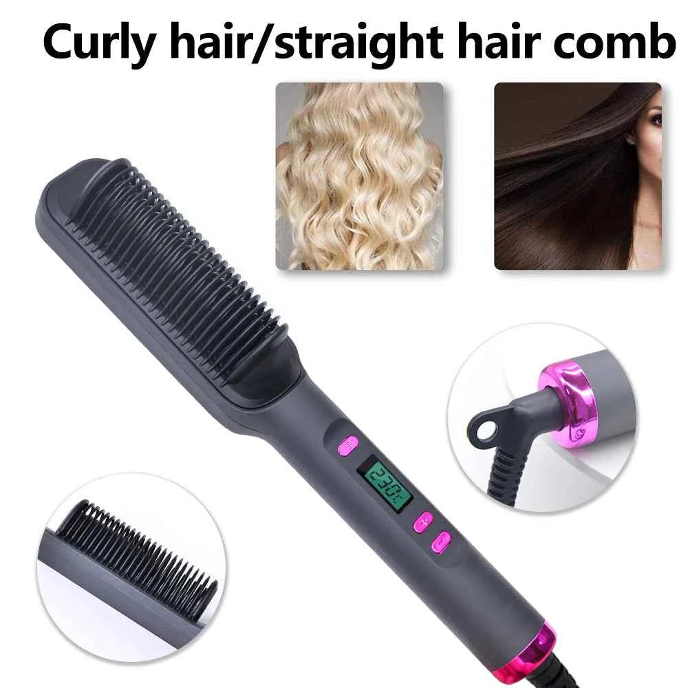 Hair Straightener Ceramic Hot Comb 2 in 1 Electric Straighten Hair Brush Negative Ion Fast Heating Styling Tool 