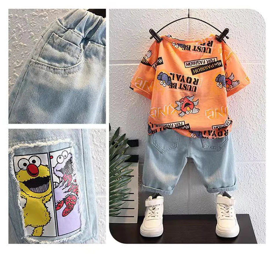 2026 Kids Cartoon Tee Denim Shorts Set Boys 3-12Y