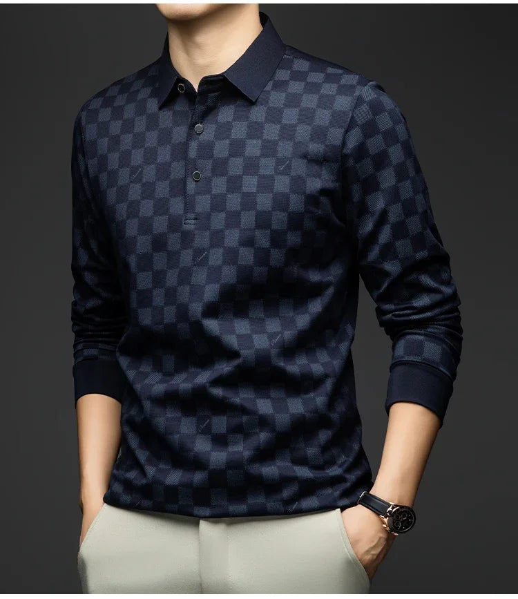 Polo Shirts for Man Autumn Business Slim Fit Long Sleeve T Shirt Men New Casual Loose Pullover Plaid Men Tops & Tees
