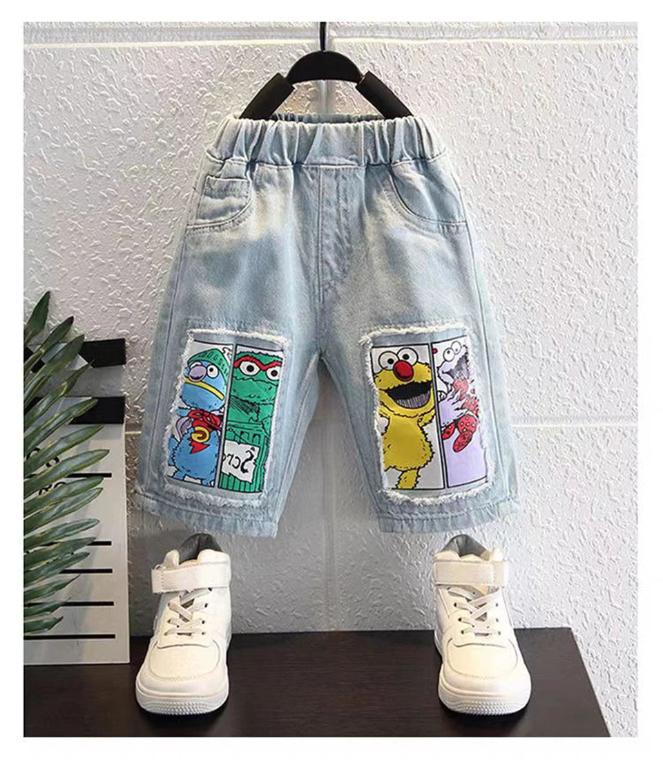 2026 Kids Cartoon Tee Denim Shorts Set Boys 3-12Y