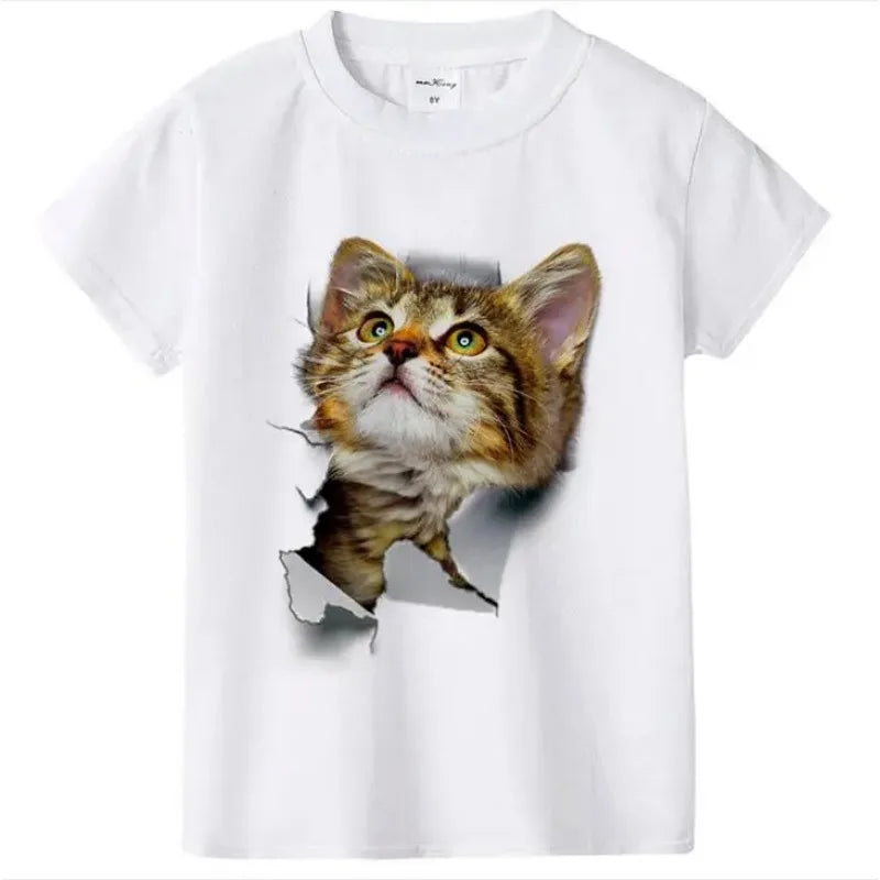 Girls Summer Cute 3D Cat Print Short Sleeve T-Shirt