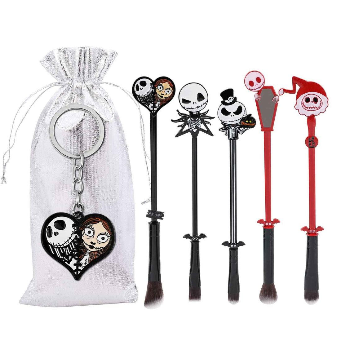 Nightmare Before Christmas Makeup Brushes - 5pcs Corpse Bride Anime Make Up Brush Set Silver Drawstring Bag Included (Brushes and Keychain)