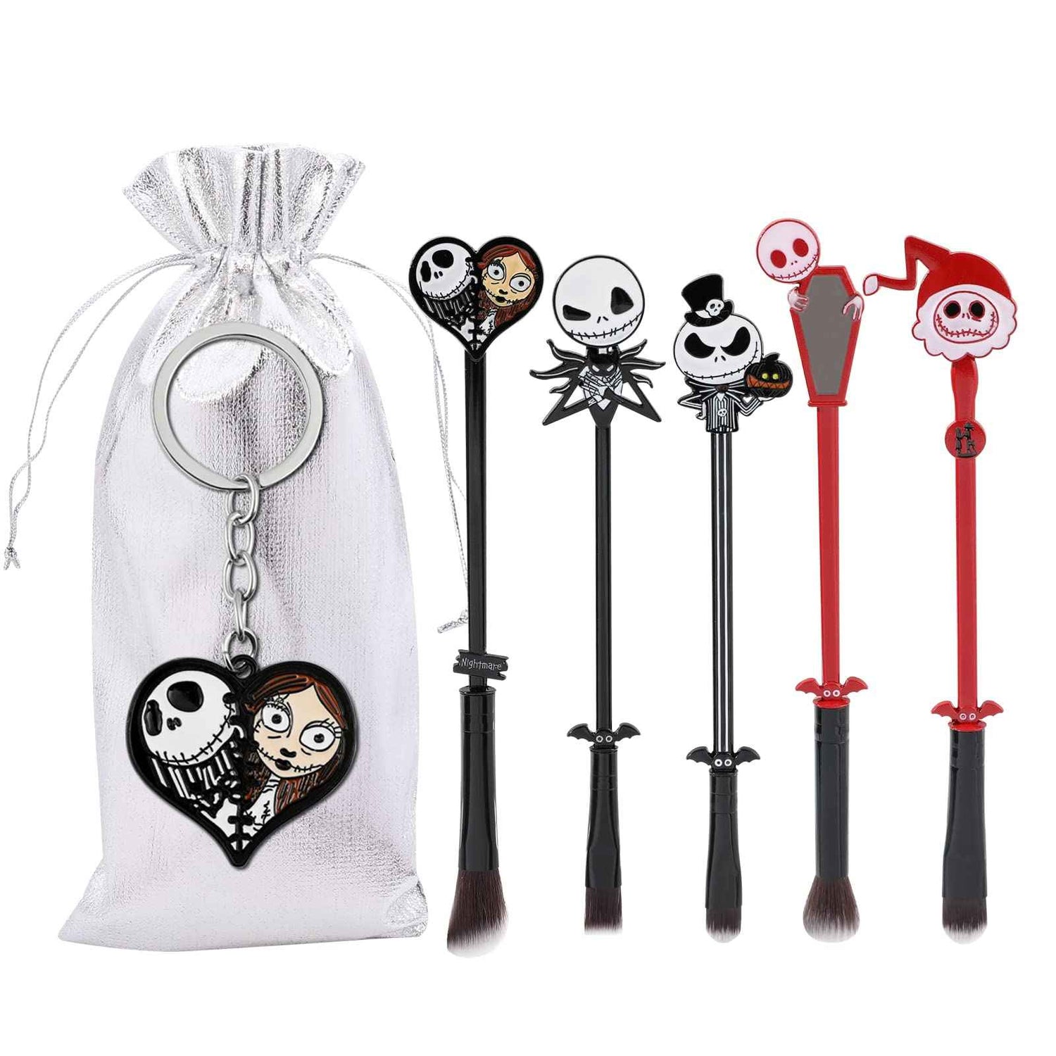 Nightmare Before Christmas Makeup Brushes - 5pcs Corpse Bride Anime Make Up Brush Set Silver Drawstring Bag Included (Brushes and Keychain)