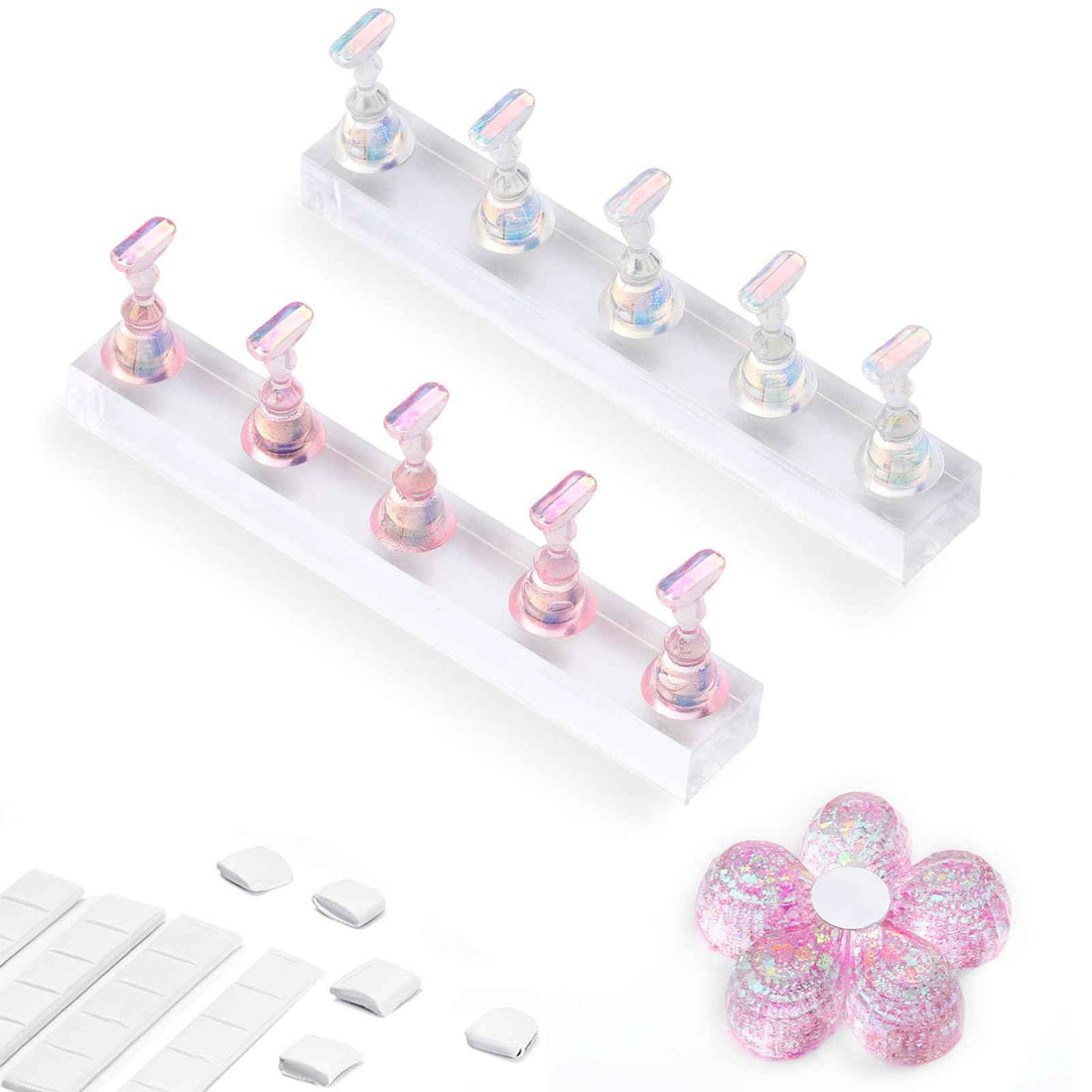 2 Set Nail Stands Nail Holder for Painting Nails Acrylic Nail Stand for Press on Nails Display Stand with Adhesive Putty Practice Nail Art Tools for Homes Salons (Clear Pink)