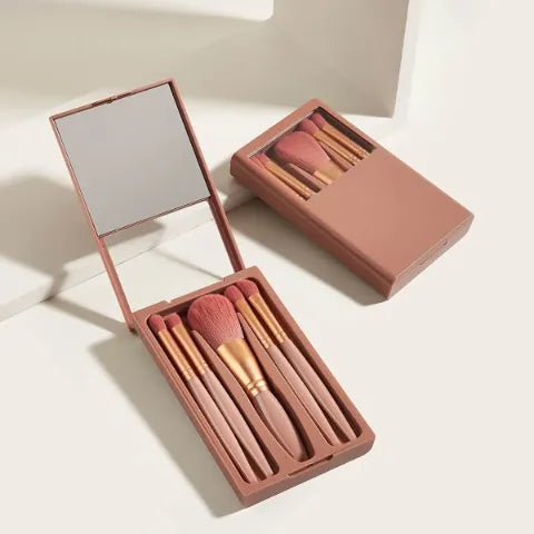 5 Piece Makeup Brush Set With Mirror | Portable Cosmetic Brush Set