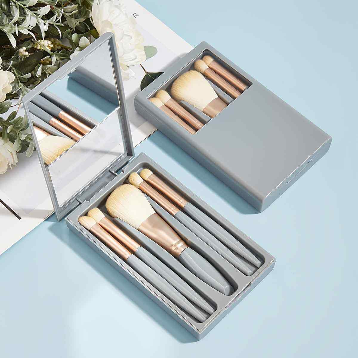 5 Piece Makeup Brush Set With Mirror | Portable Cosmetic Brush Set