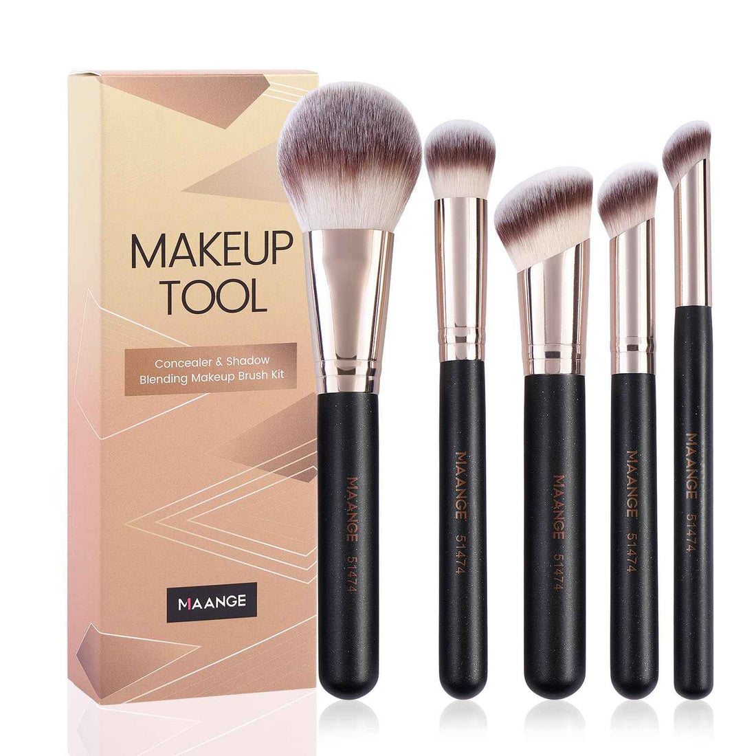 MAANGE Makeup Brush Set 5-Piece Professional Synthetic Makeup Brushes for Foundation Blush Power Concealer &amp; Contour Application Travel Make Up Brush with Box (Black)