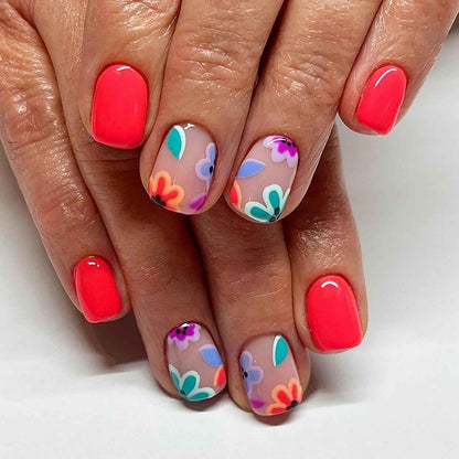 24Pcs Spring Press on Nails Short Square Fake Nails Pink False Nails with Colorful Flower Design Full Cover Stick on Nails for Women and Girls Reusable Acrylic Nails Spring Summer Nail Art