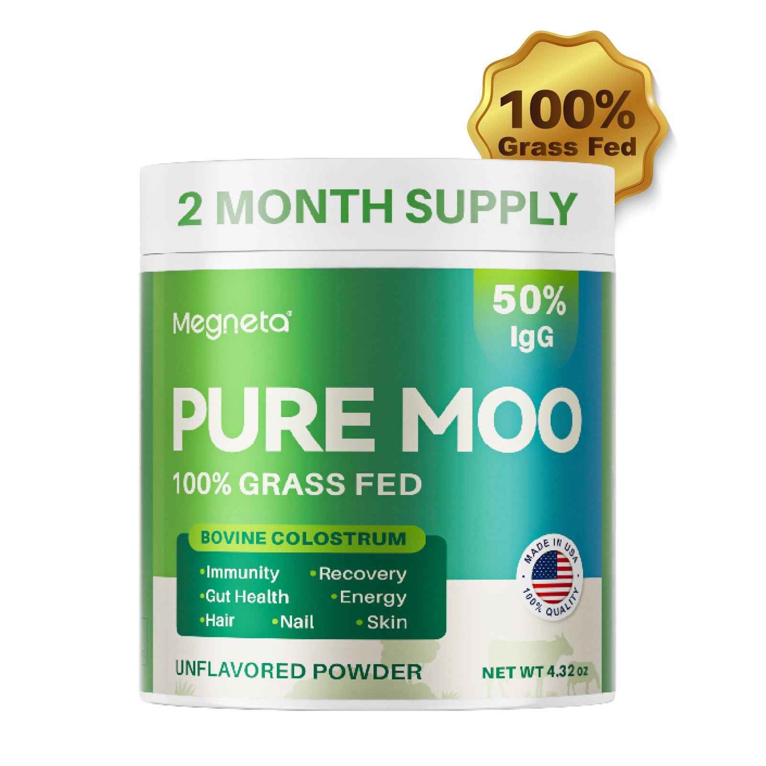 Bovine Colostrum Supplement for Humans - 50% IgG 100% Grass Fed Colostrum Powder for Gut Health Skin &amp; Hair Beauty and Immune Support Pure Moo Keto Gluten &amp; Fat Free (Unflavored) V3