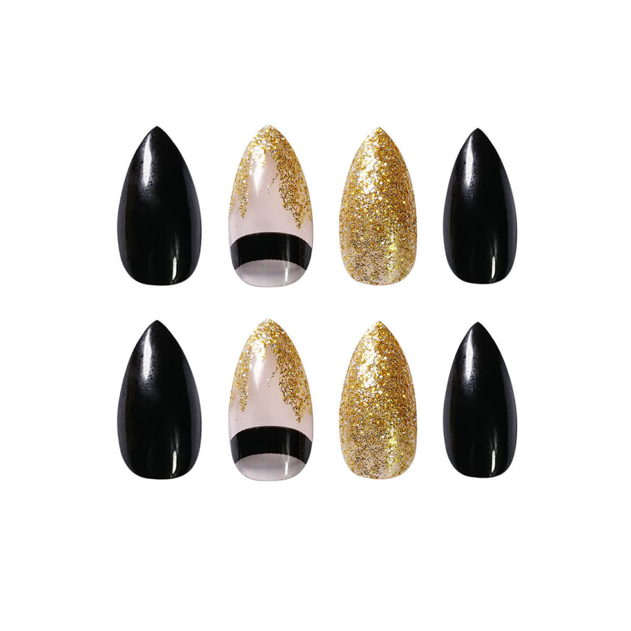 Black Gold Fake Nails | Glitter Pointed Wear Nail Art Finished