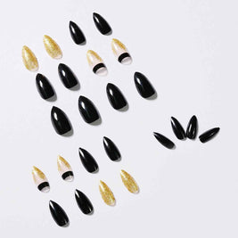 Black Gold Fake Nails | Glitter Pointed Wear Nail Art Finished
