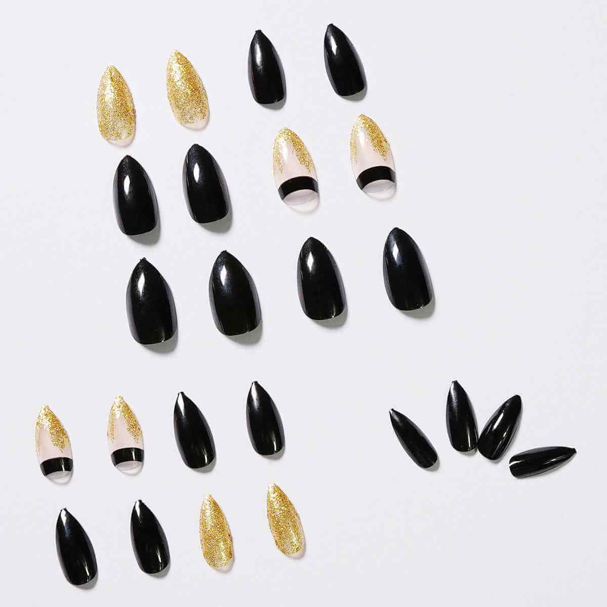 Black Gold Fake Nails | Glitter Pointed Wear Nail Art Finished