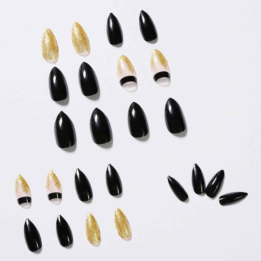 Black Gold Fake Nails | Glitter Pointed Wear Nail Art Finished