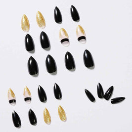 Black Gold Fake Nails | Glitter Pointed Wear Nail Art Finished