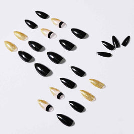 Black Gold Fake Nails | Glitter Pointed Wear Nail Art Finished