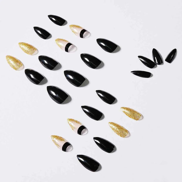 Black Gold Fake Nails | Glitter Pointed Wear Nail Art Finished