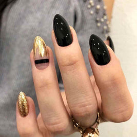 Black Gold Fake Nails | Glitter Pointed Wear Nail Art Finished