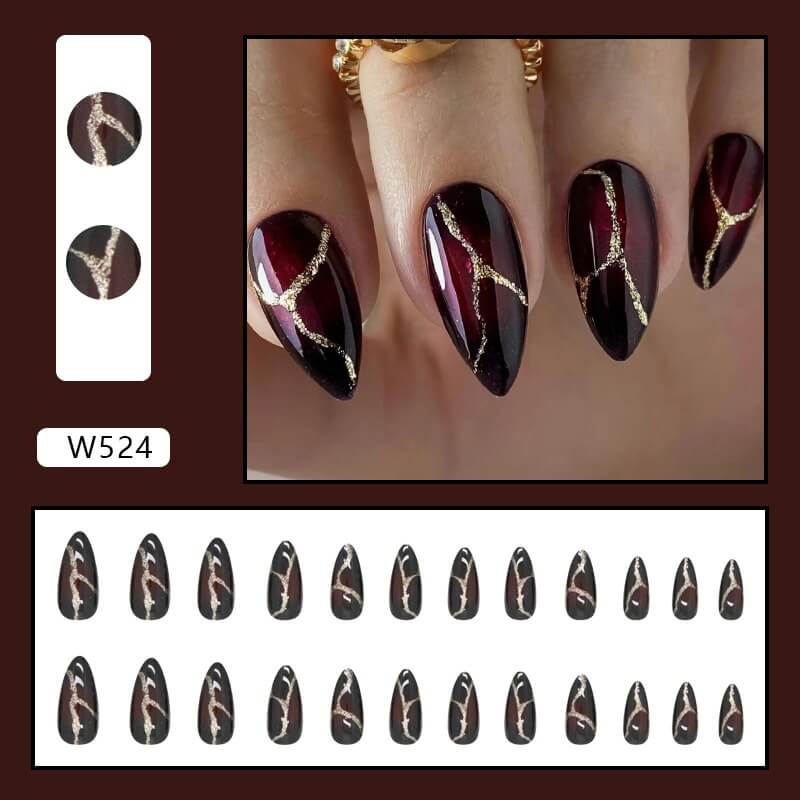 Dark Red Fake Nails Gold Stone | Luxury Red Fake Nails