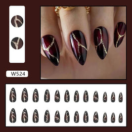Dark Red Fake Nails Gold Stone | Luxury Red Fake Nails