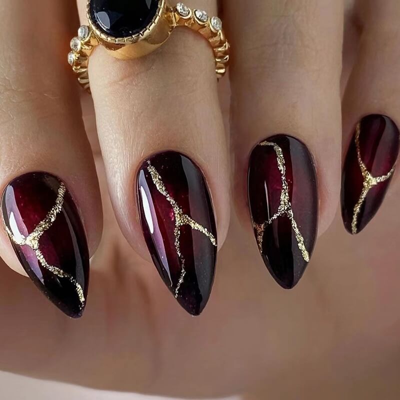 Dark Red Fake Nails Gold Stone | Luxury Red Fake Nails