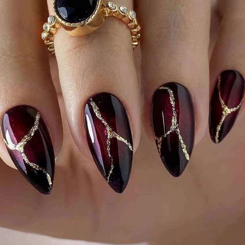 Dark Red Fake Nails Gold Stone | Luxury Red Fake Nails