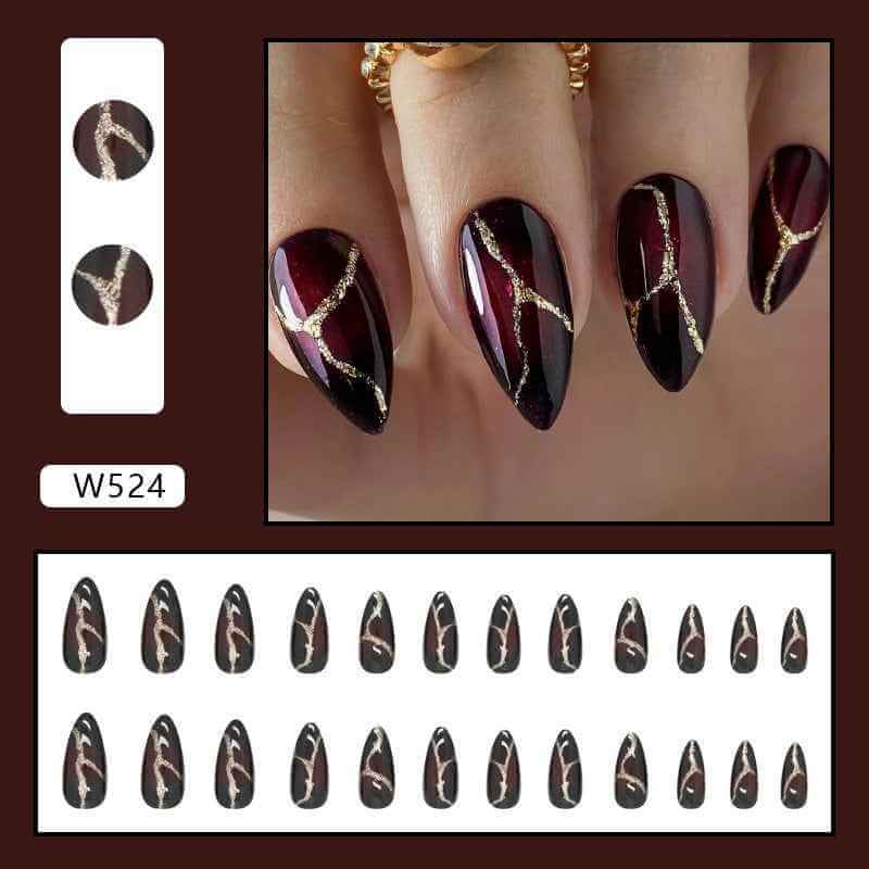 Dark Red Fake Nails Gold Stone | Luxury Red Fake Nails