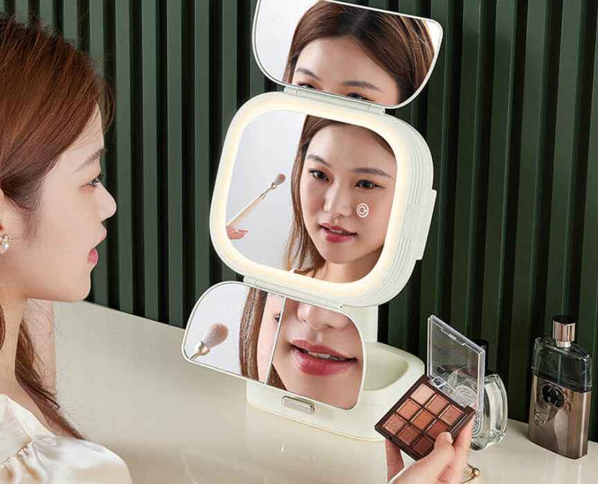 Folding Vanity Mirror With LED Lights | Lighted Desktop Cosmetic Mirror