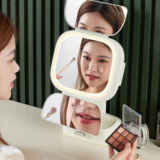Folding Vanity Mirror With LED Lights | Lighted Desktop Cosmetic Mirror
