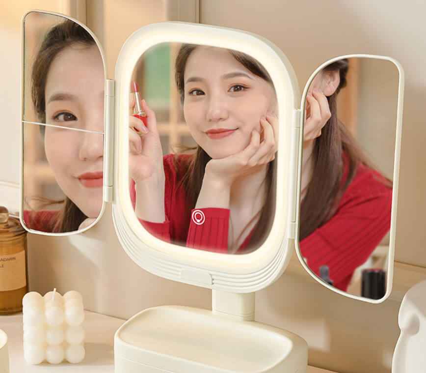 Folding Vanity Mirror With LED Lights | Lighted Desktop Cosmetic Mirror