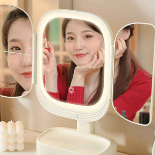 Folding Vanity Mirror With LED Lights | Lighted Desktop Cosmetic Mirror