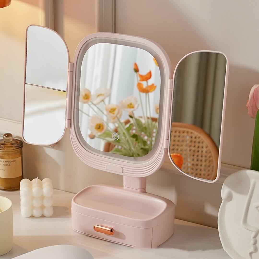 Folding Vanity Mirror With LED Lights | Lighted Desktop Cosmetic Mirror