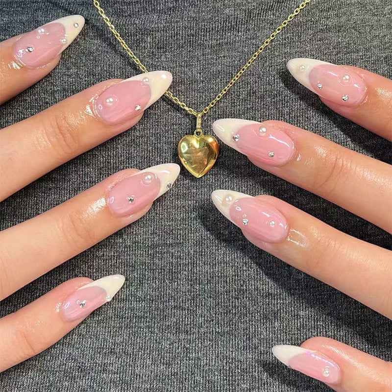 French Water Drop Manicure Rhinestones | French Manicure With Crystals