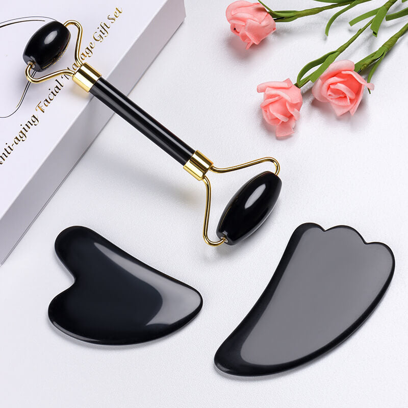 Natural Black Quartz Scraper Face Roller | Jade Roller And Gua Sha Set