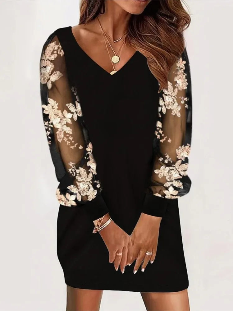 Dresses For Women 2024 Sexy V Neck Mesh Lace Sleeve Loose Dress Spring Autumn Casual Elegant Office Ladies Dress Robe Femme