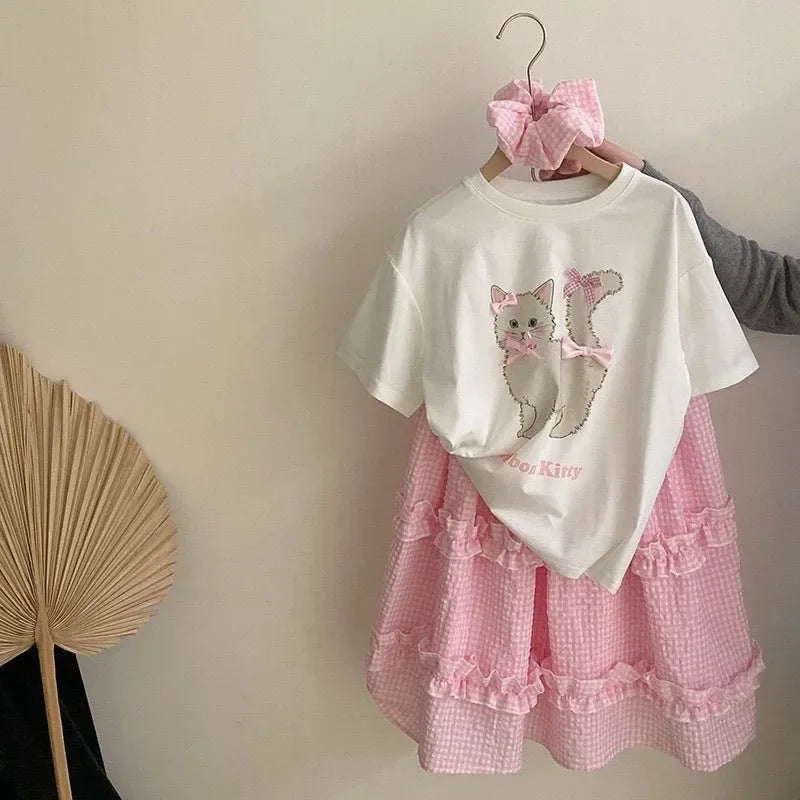 Girls Cat Shirt &amp; Pleated Skirt Set Toddler 2Pcs Outfit