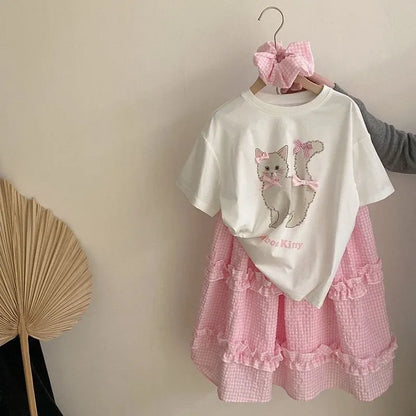 Girls Cat Shirt &amp; Pleated Skirt Set Toddler 2Pcs Outfit