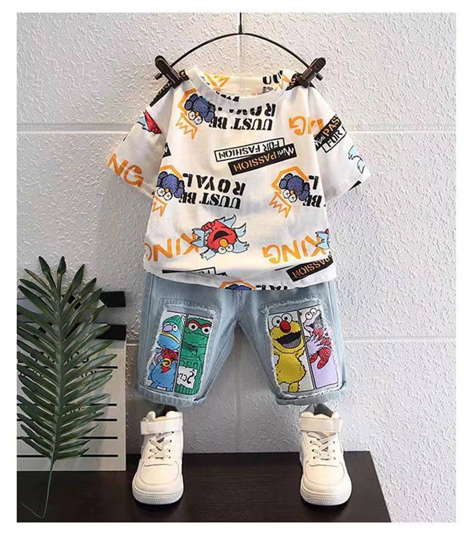 2026 Kids Cartoon Tee Denim Shorts Set Boys 3-12Y
