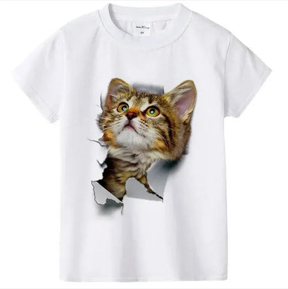 Girls Summer Cute 3D Cat Print Short Sleeve T-Shirt