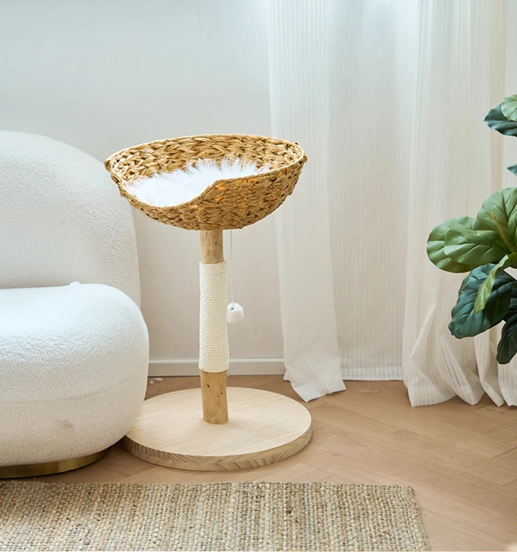 Modern Wooden Cat Tree Multi-Level Climbing Tower Rattan