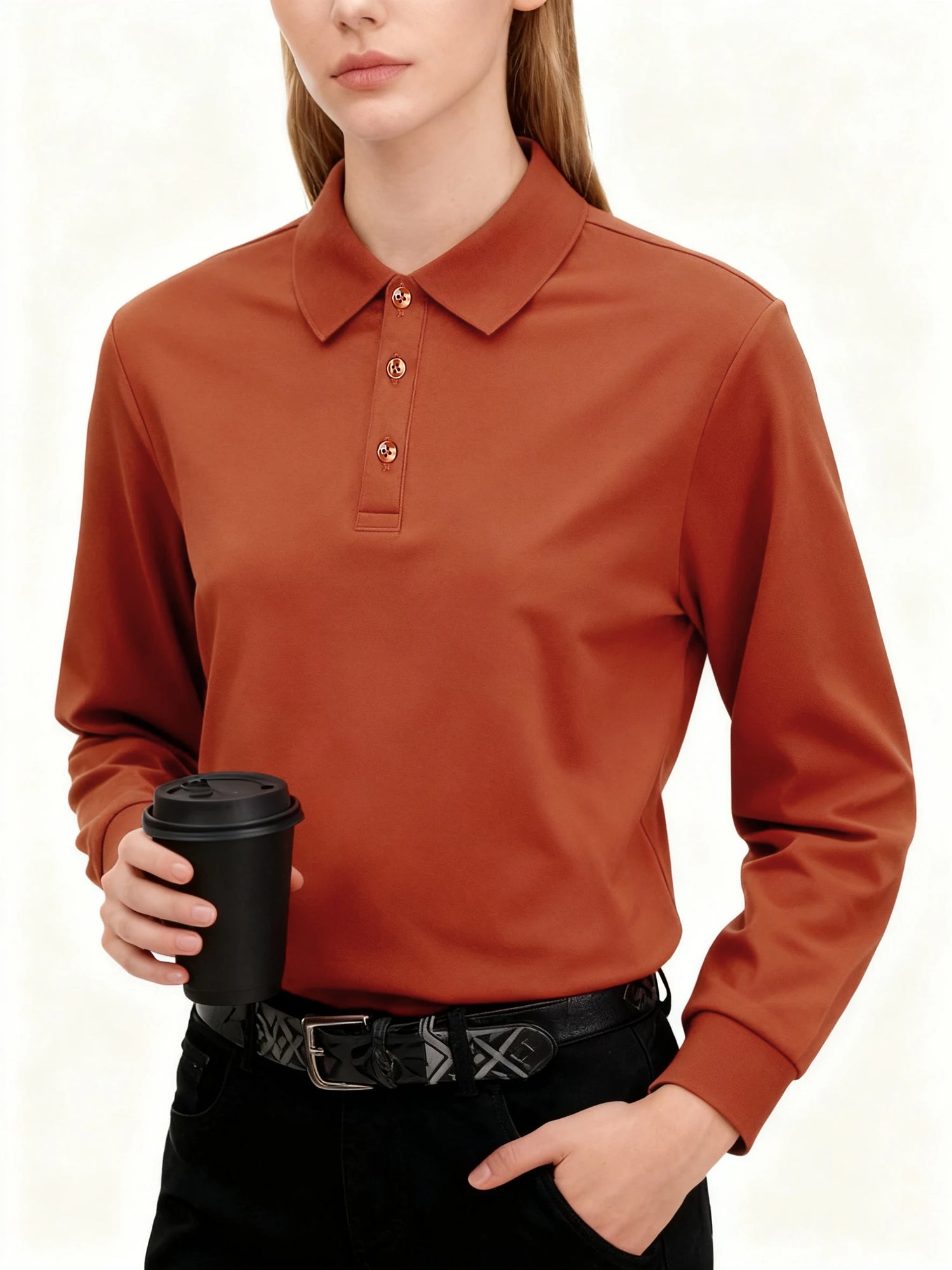 Solid Polo Shirts Womens Long Sleeves Slim GOLF shirt Commuting Winter Breathable Lapel Tops Sporty Comfortable Womans Clothes