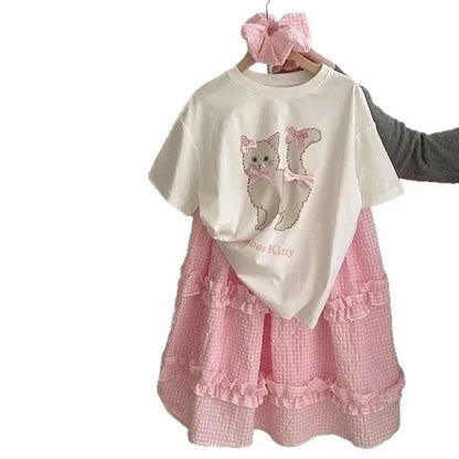 Girls Cat Shirt &amp; Pleated Skirt Set Toddler 2Pcs Outfit